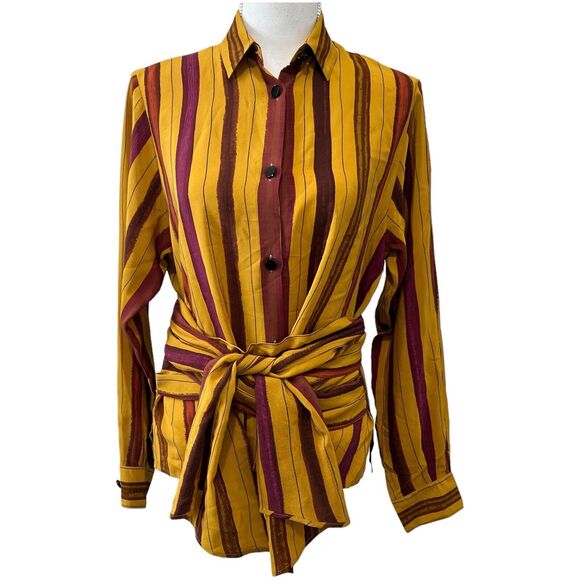 Max Mara Silk Wrap Around Belt Striped Blouse Size 6 - Picture 1 of 14
